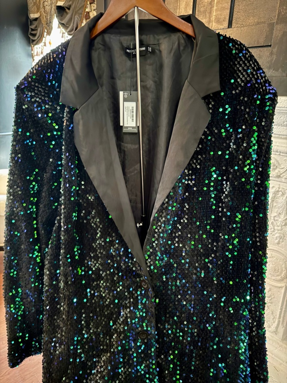 NWT Black Sequin Long Sleeve Blazer Dress with Green Iridescent Accents - Picture 3 of 6